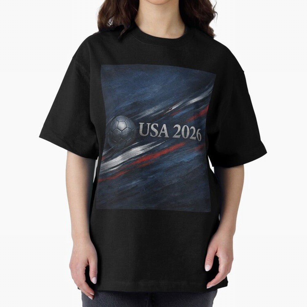 USA 2026 Soccer Design Inspired Oversized T-Shirt Cheer for Global Football Passion for FIFA World Cup 2026, Connected to Mbappe and Neymar, Brazil, Portugal and Argentina, Vintage Soccer Flavor, Modern Football Stars, National Flags and Final