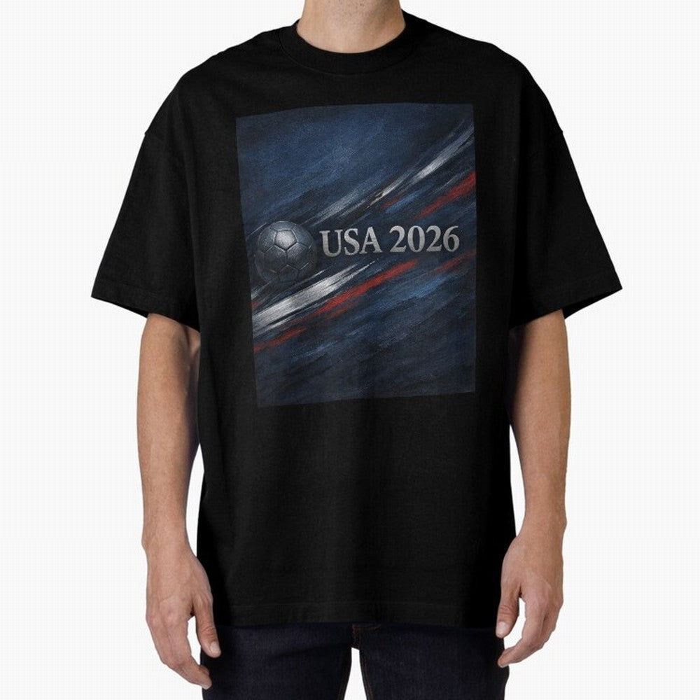 USA 2026 Soccer Design Inspired Oversized T-Shirt Cheer for Global Football Passion for FIFA World Cup 2026, Connected to Mbappe and Neymar, Brazil, Portugal and Argentina, Vintage Soccer Flavor, Modern Football Stars, National Flags and Final