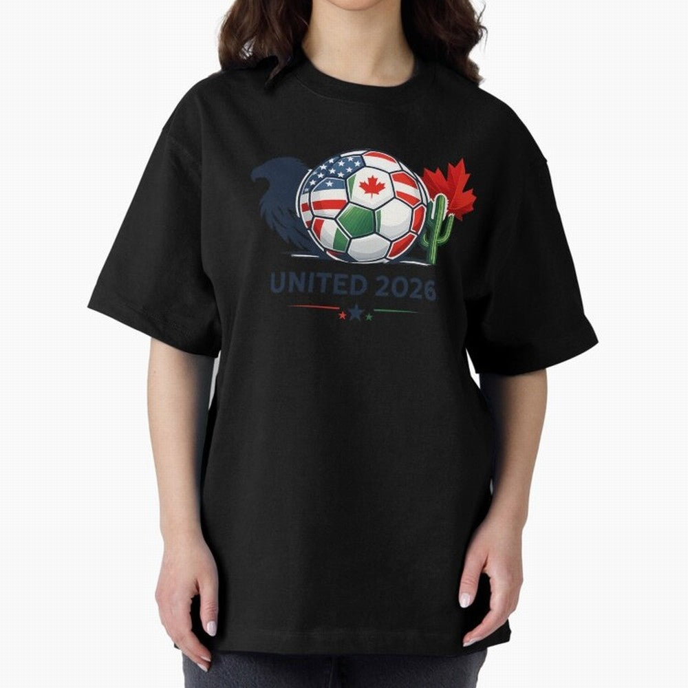 World Cup 2026 United Soccer Design Oversized T-Shirt Capture FIFA World Cup 2026 USA Canada Mexico Spirit, Featuring Brazil, Cristiano Ronaldo, Haaland and CR7, Championship Spirit, Famous Goals, Roaring Crowds and International Football Unity;