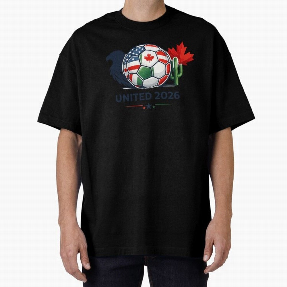 World Cup 2026 United Soccer Design Oversized T-Shirt Capture FIFA World Cup 2026 USA Canada Mexico Spirit, Featuring Brazil, Cristiano Ronaldo, Haaland and CR7, Championship Spirit, Famous Goals, Roaring Crowds and International Football Unity;
