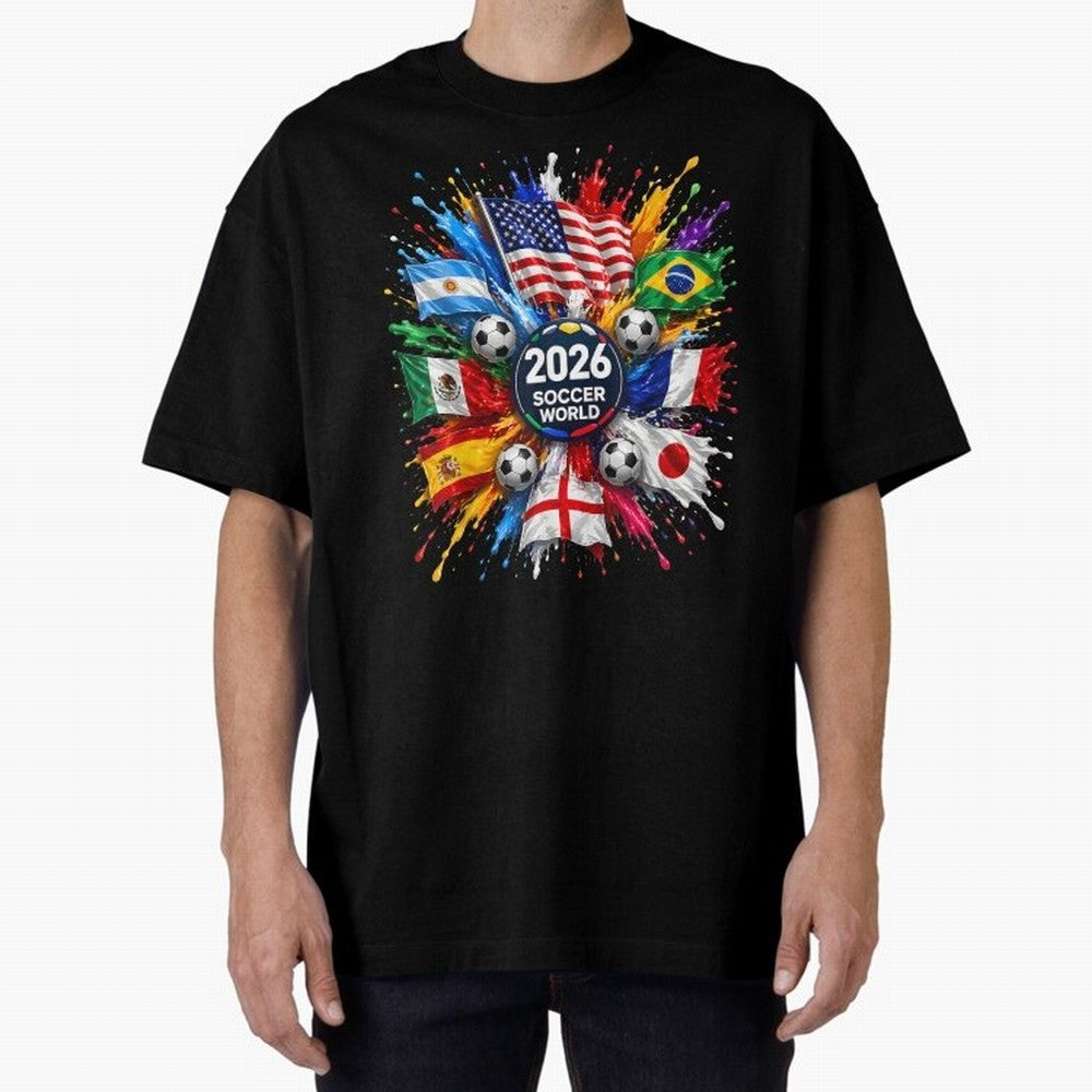 2026 Soccer World USA Flag Burst Fan Tee Oversized T-Shirt Get Ready for FIFA World Cup 2026 USA Canada Mexico Spirit, with England and Germany, Neymar, Haaland and Cristiano Ronaldo, Retro Football Energy, Iconic Rivalries, Trophy Chase Drama and