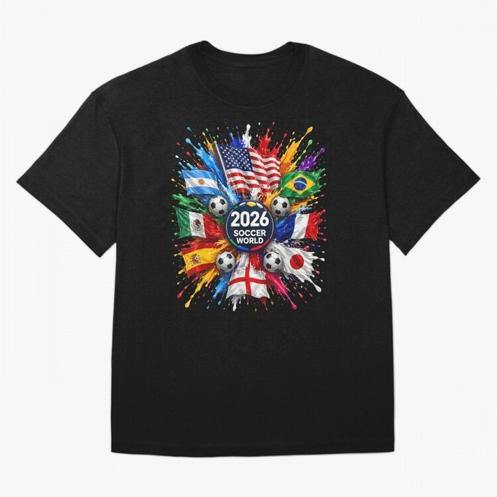 2026 Soccer World USA Flag Burst Fan Tee Oversized T-Shirt Get Ready for FIFA World Cup 2026 USA Canada Mexico Spirit, with England and Germany, Neymar, Haaland and Cristiano Ronaldo, Retro Football Energy, Iconic Rivalries, Trophy Chase Drama and