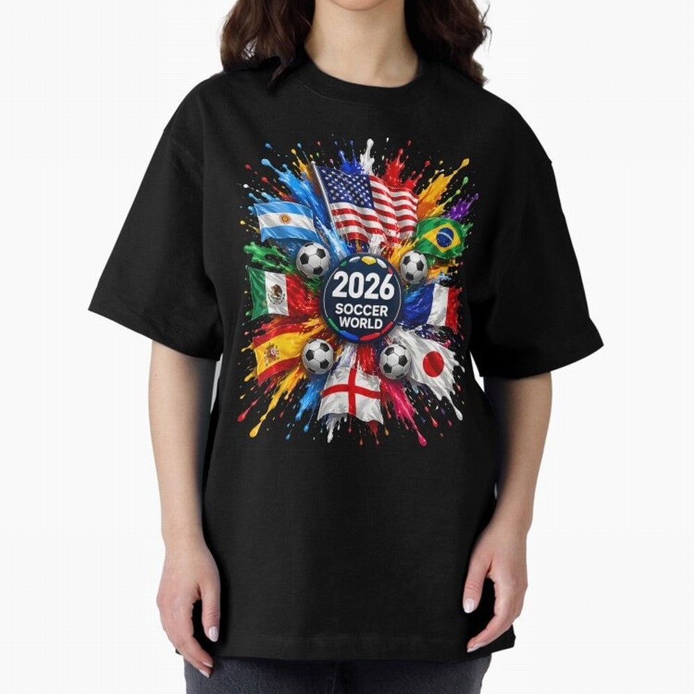 2026 Soccer World USA Flag Burst Fan Tee Oversized T-Shirt Get Ready for FIFA World Cup 2026 USA Canada Mexico Spirit, with England and Germany, Neymar, Haaland and Cristiano Ronaldo, Retro Football Energy, Iconic Rivalries, Trophy Chase Drama and