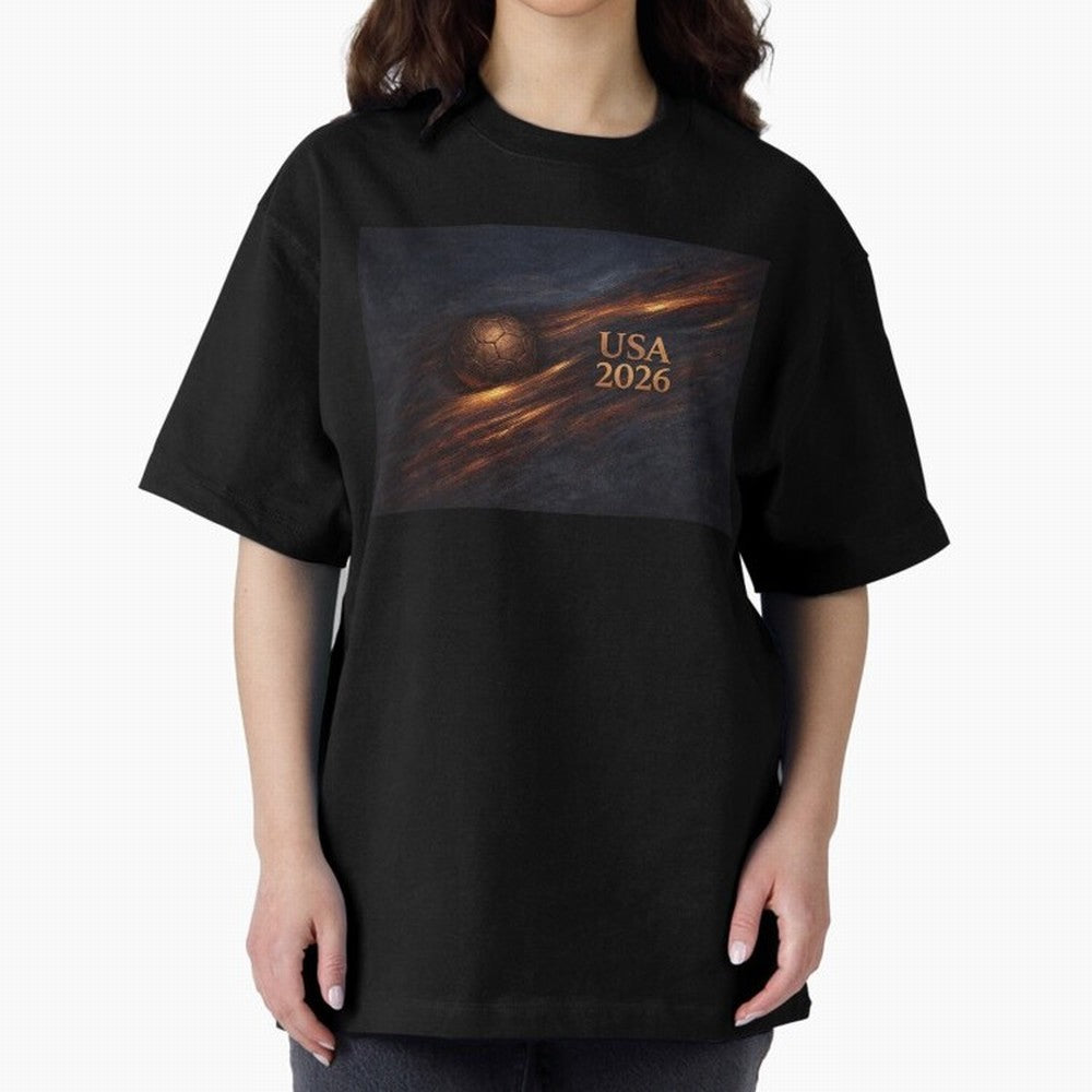Soccer Ball with USA 2026 Inspired Oversized T-Shirt Cheer through Every Moment of Match Day Hype around FIFA World Cup 2026 USA Canada Mexico, CR7 and Messi, France and Portugal, Stadium Chants, National Pride, Trophy Dreams and Unforgettable