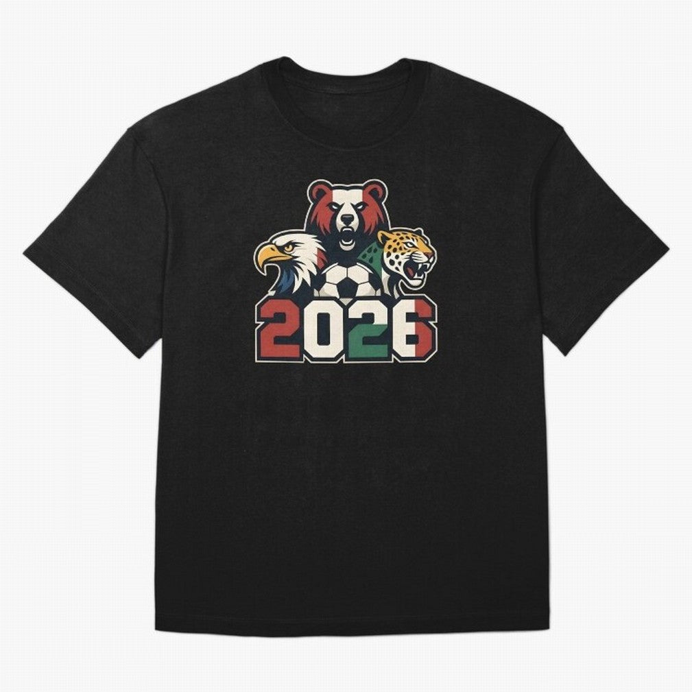 World Cup 2026 USA Canada Mexico Host Mascots Oversized T-Shirt Stand Proud for Match Day Hype around FIFA World Cup 2026, CR7 and Messi, Portugal, Vintage Soccer Flavor, Modern Football Stars, National Flags and Final Night Emotion; Ideal for