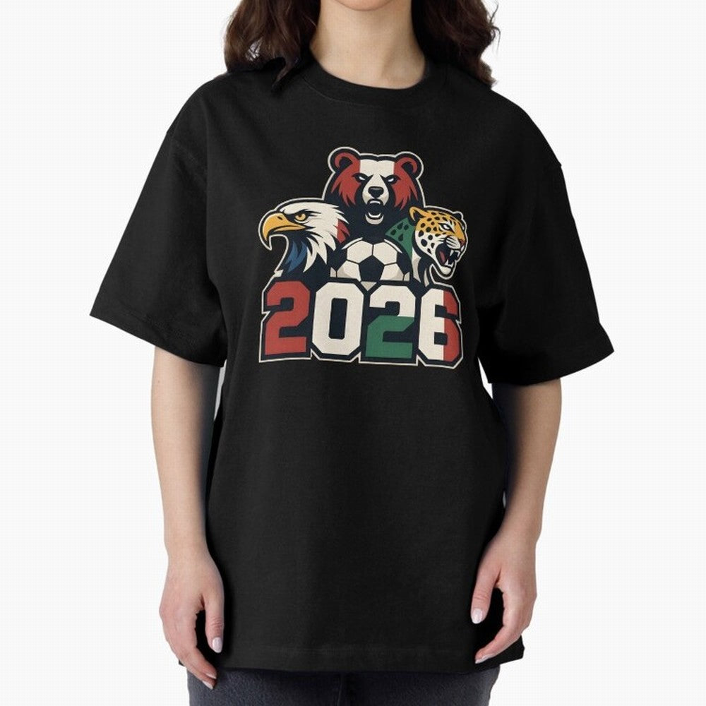 World Cup 2026 USA Canada Mexico Host Mascots Oversized T-Shirt Stand Proud for Match Day Hype around FIFA World Cup 2026, CR7 and Messi, Portugal, Vintage Soccer Flavor, Modern Football Stars, National Flags and Final Night Emotion; Ideal for