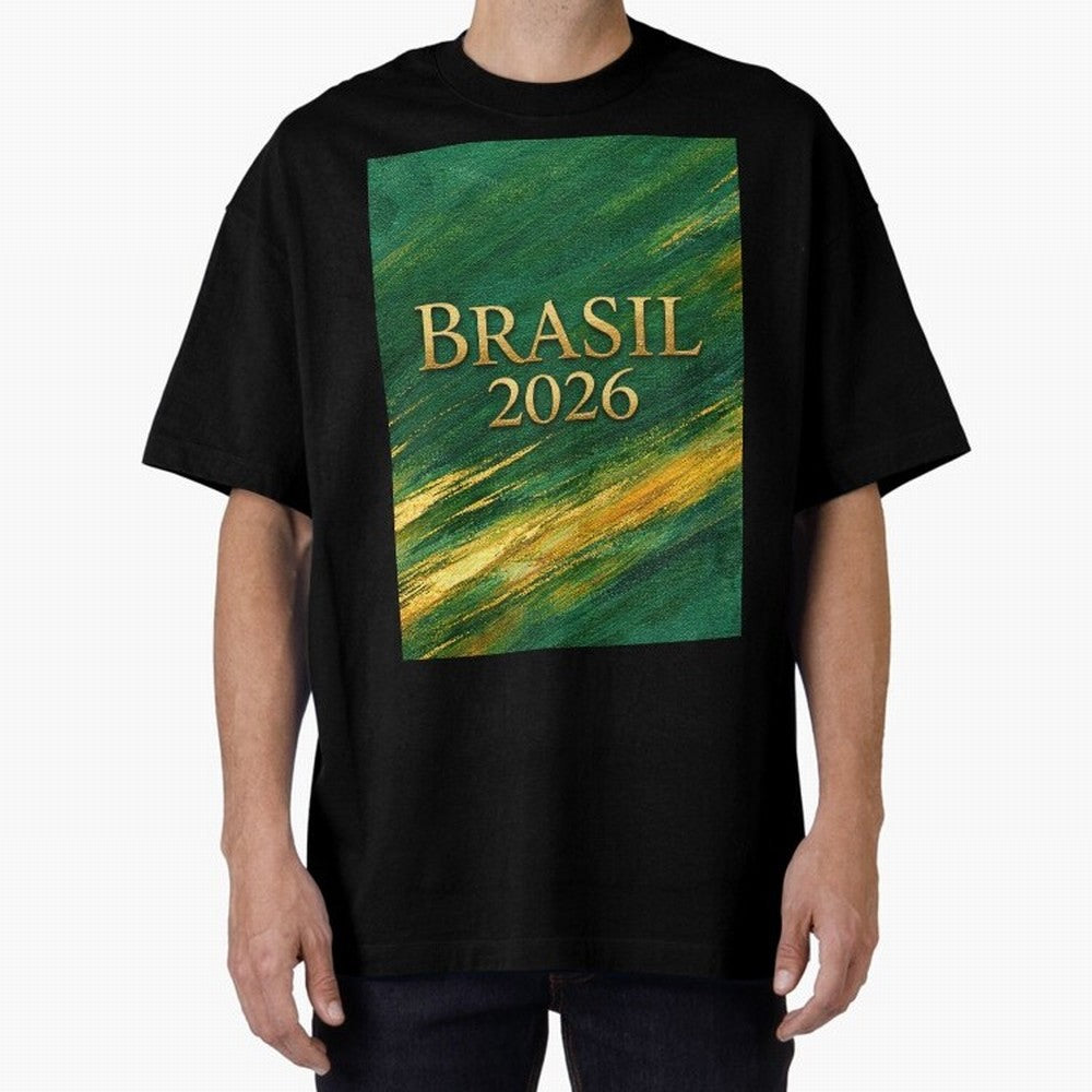 Brasil 2026 Gold Soccer Theme Oversized T-Shirt Make Memories around FIFA World Cup 2026 Group Stage for Fans of Messi and Cristiano Ronaldo and Argentina, France and Brazil, Bringing Football Festival Excitement, Trophy Ambitions, Country