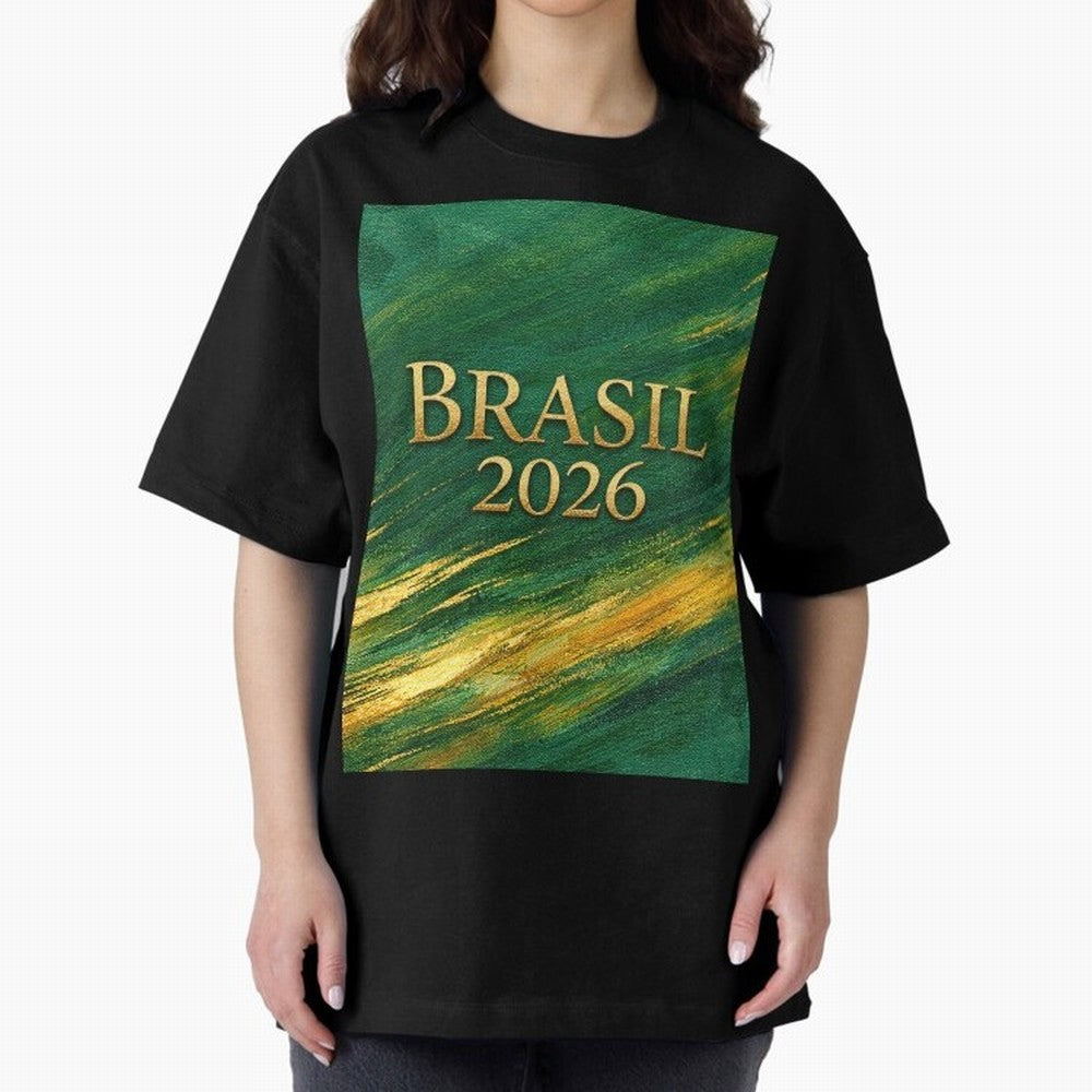 Brasil 2026 Gold Soccer Theme Oversized T-Shirt Make Memories around FIFA World Cup 2026 Group Stage for Fans of Messi and Cristiano Ronaldo and Argentina, France and Brazil, Bringing Football Festival Excitement, Trophy Ambitions, Country