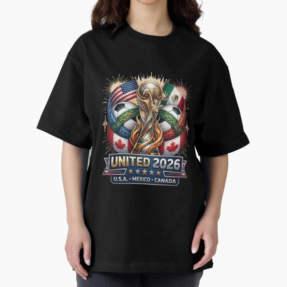 United 2026 Soccer Nations Trophy - USA Mexico Canada Mascot Art Oversized T-Shirt Carry FIFA World Cup 2026 Group Stage for Fans of Messi, Neymar and Mbappe and Brazil, Portugal and Argentina, Bringing Fan Favorite Moments, National Team Passion,