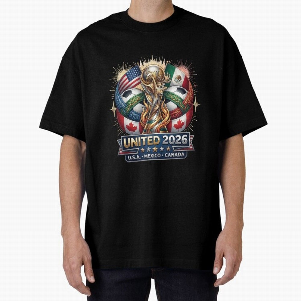 United 2026 Soccer Nations Trophy - USA Mexico Canada Mascot Art Oversized T-Shirt Carry FIFA World Cup 2026 Group Stage for Fans of Messi, Neymar and Mbappe and Brazil, Portugal and Argentina, Bringing Fan Favorite Moments, National Team Passion,