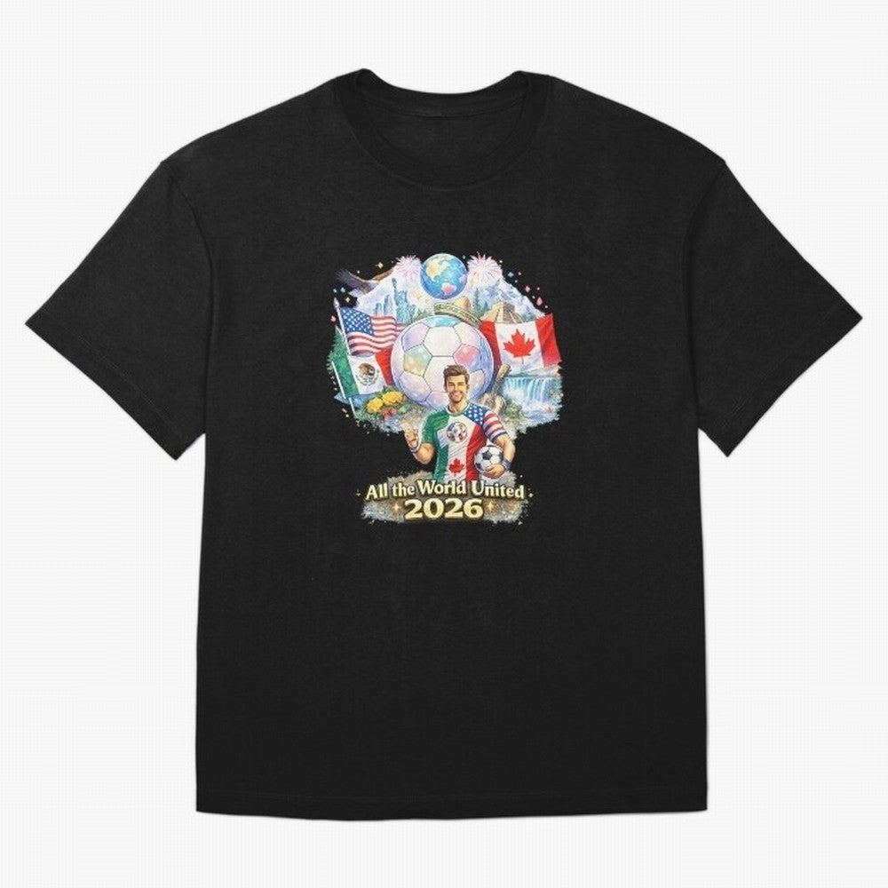All The World United 2026 Football Design Oversized T-Shirt Mark FIFA World Cup 2026 Spirit, Capturing England, France and Netherlands, Mbappe, Sports Nostalgia, International Competition, Famous Players and Unforgettable Victories; Great for Watch