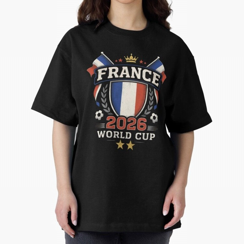 France World Cup 2026 Football Heritage - Les Bleus Crest Oversized T-Shirt Feel International Energy from Global Football Passion for FIFA World Cup 2026, Highlighting Messi, Neymar and Mbappe, Brazil, Portugal and Argentina, Football Festival