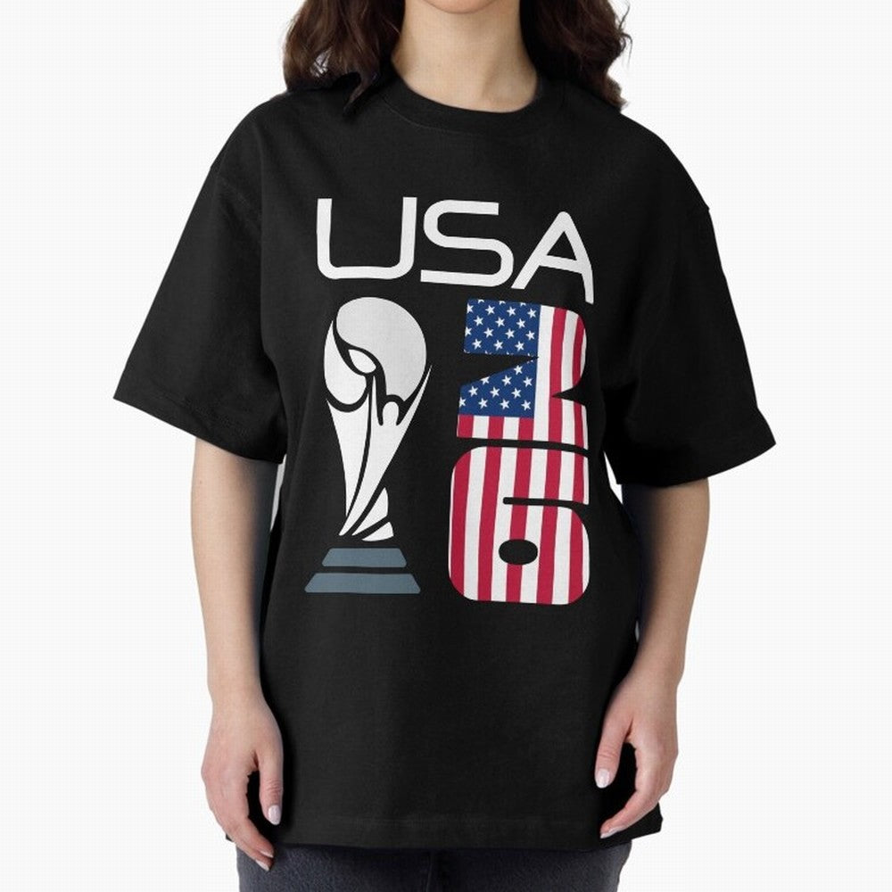 USA 2026 Soccer World Cup Trophy American Flag Design Oversized T-Shirt Honor FIFA World Cup 2026 Group Stage for Fans of Messi, CR7 and Mbappe and Spain, Bringing Supporter Pride, Iconic Celebrations, Legendary Names and Global Match Day Energy;