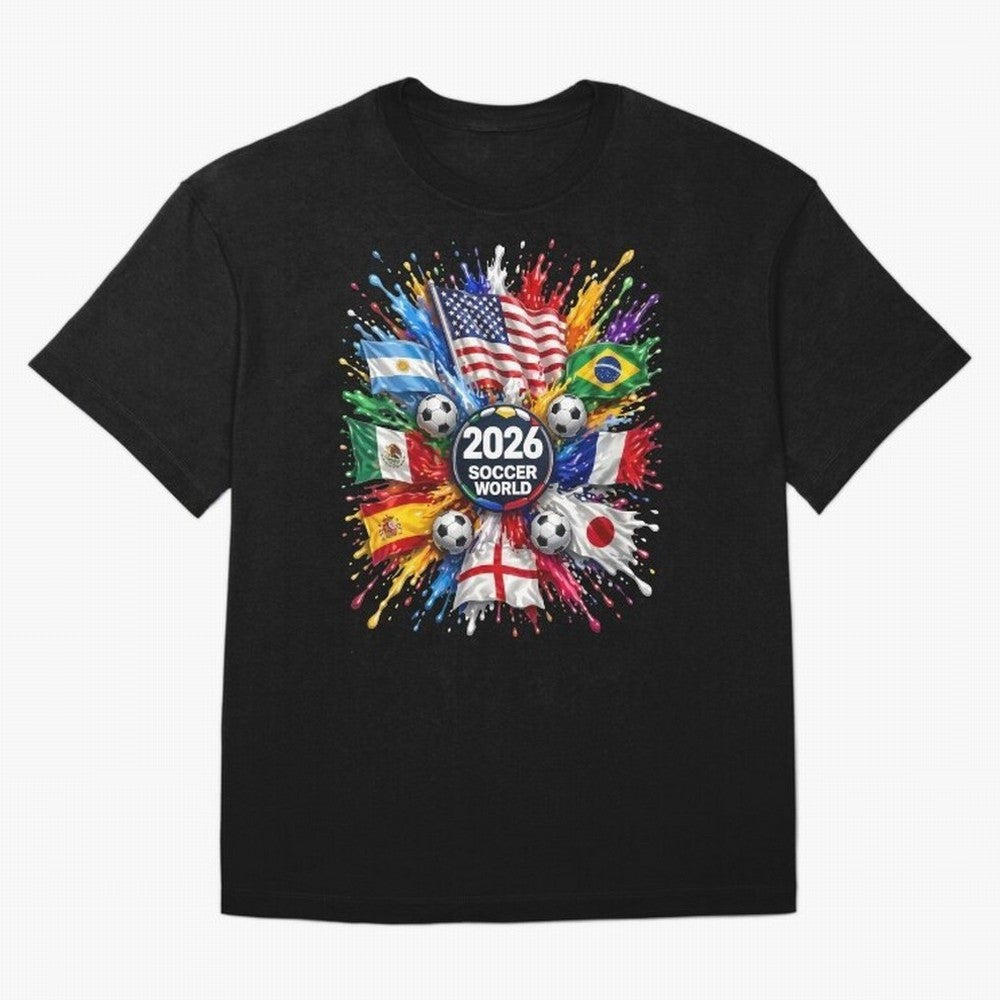 2026 Soccer World Flags USA Mexico Canada Football Paint Splash Graphic Oversized T-Shirt Turn Up for Global Football Passion for FIFA World Cup 2026, Connected to Messi, CR7 and Mbappe, Spain, Stadium Memories, Football Loyalty, International