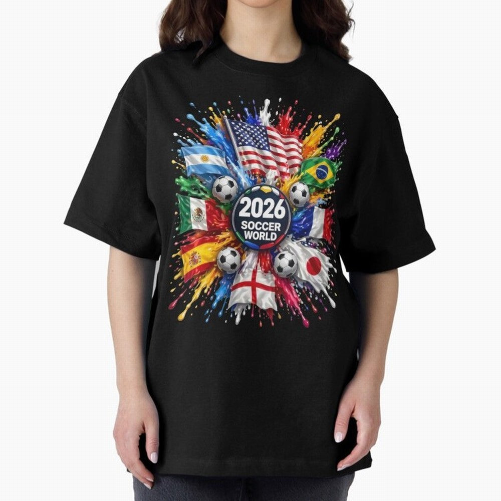 2026 Soccer World Flags USA Mexico Canada Football Paint Splash Graphic Oversized T-Shirt Turn Up for Global Football Passion for FIFA World Cup 2026, Connected to Messi, CR7 and Mbappe, Spain, Stadium Memories, Football Loyalty, International