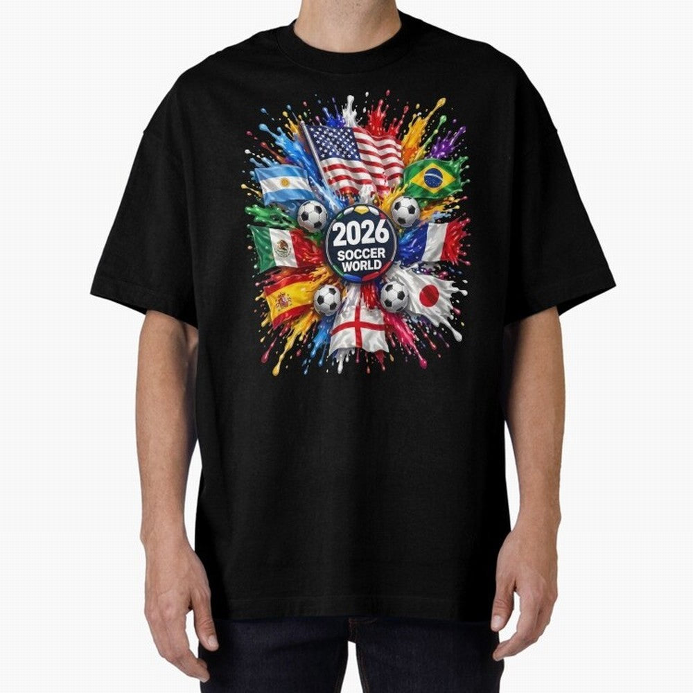 2026 Soccer World Flags USA Mexico Canada Football Paint Splash Graphic Oversized T-Shirt Turn Up for Global Football Passion for FIFA World Cup 2026, Connected to Messi, CR7 and Mbappe, Spain, Stadium Memories, Football Loyalty, International