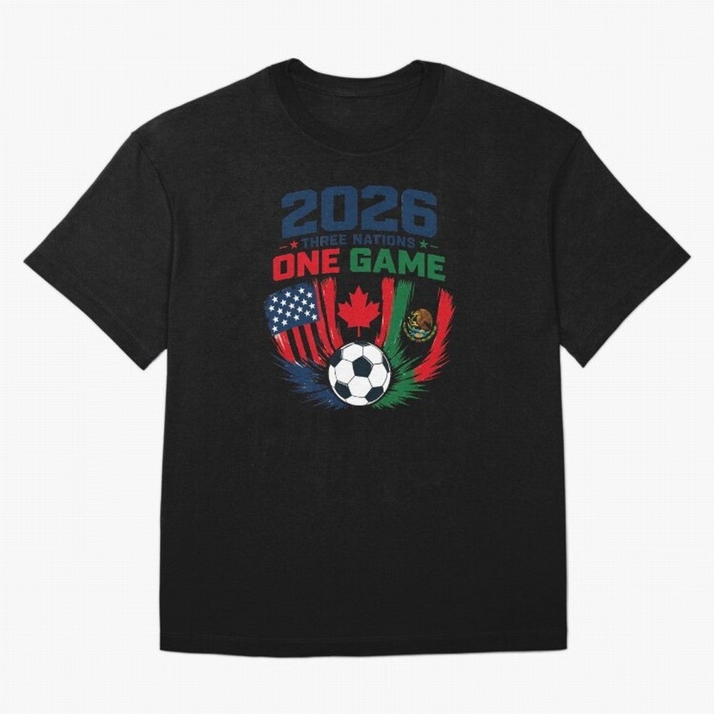 Three Nations One Game 2026 ¨C USA Canada Mexico Football Design ?????? Oversized T-Shirt Celebrate Rivalries and Pride in FIFA World Cup 2026 Group Stage Spirit, Filled with Netherlands, Haaland and Mbappe, Football History, Final Match Energy,