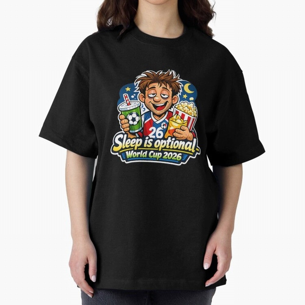 Sleep Is Optional World Cup 2026 Soccer Fan Night Oversized T-Shirt Represent the Passion of FIFA World Cup 2026 USA Canada Mexico Spirit, Highlighting Netherlands, Haaland and Mbappe, Goal Celebration Energy, Supporter Heritage, Football Icons and
