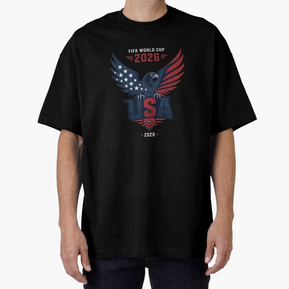 FIFA World Cup 2026 USA Eagle Soccer Logo Oversized T-Shirt Back the Journey through FIFA World Cup 2026 USA Canada Mexico Capturing Mbappe and Neymar, Portugal Energy, Tournament Hype, Historic Matchups, Family Viewing Parties and Global Sports