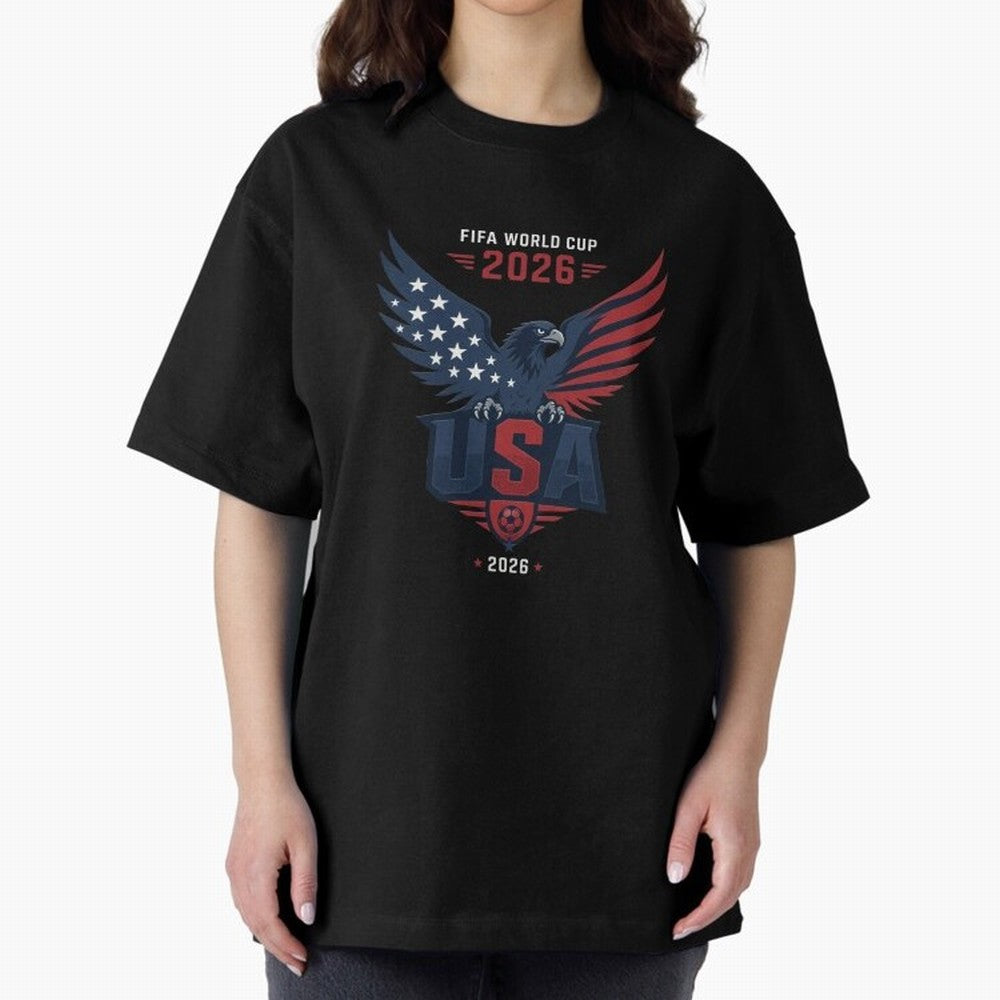 FIFA World Cup 2026 USA Eagle Soccer Logo Oversized T-Shirt Back the Journey through FIFA World Cup 2026 USA Canada Mexico Capturing Mbappe and Neymar, Portugal Energy, Tournament Hype, Historic Matchups, Family Viewing Parties and Global Sports