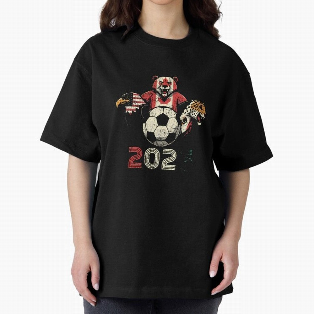 United 2026 Soccer Mascots North America Tournament T-Shirt_83157189 Oversized T-Shirt Celebrate Rivalries and Pride in Global Football Passion for FIFA World Cup 2026, Inspired by Haaland and Mbappe, England, France and Netherlands, Champion
