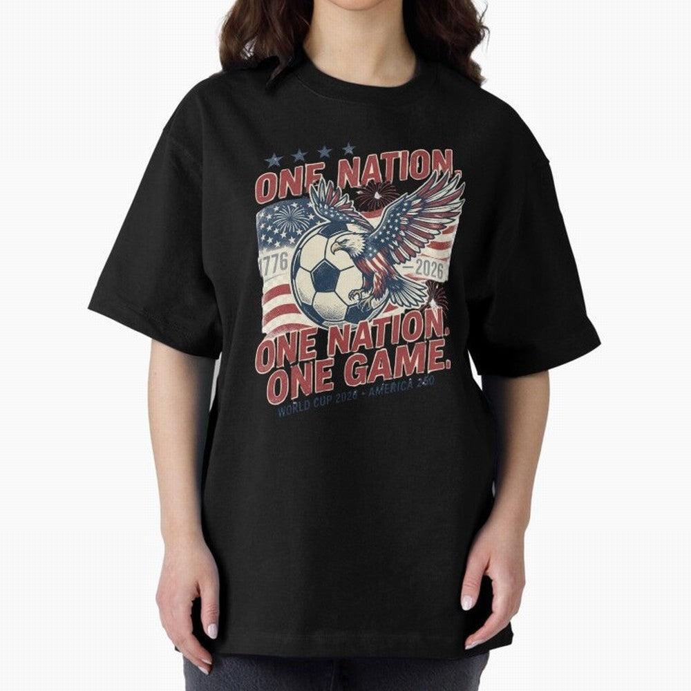 One Nation One Game World Cup 2026 Oversized T-Shirt Feel the Roar of Match Day Hype around FIFA World Cup 2026, Messi and Cristiano Ronaldo, England and Germany, Sports Nostalgia, International Competition, Famous Players and Unforgettable
