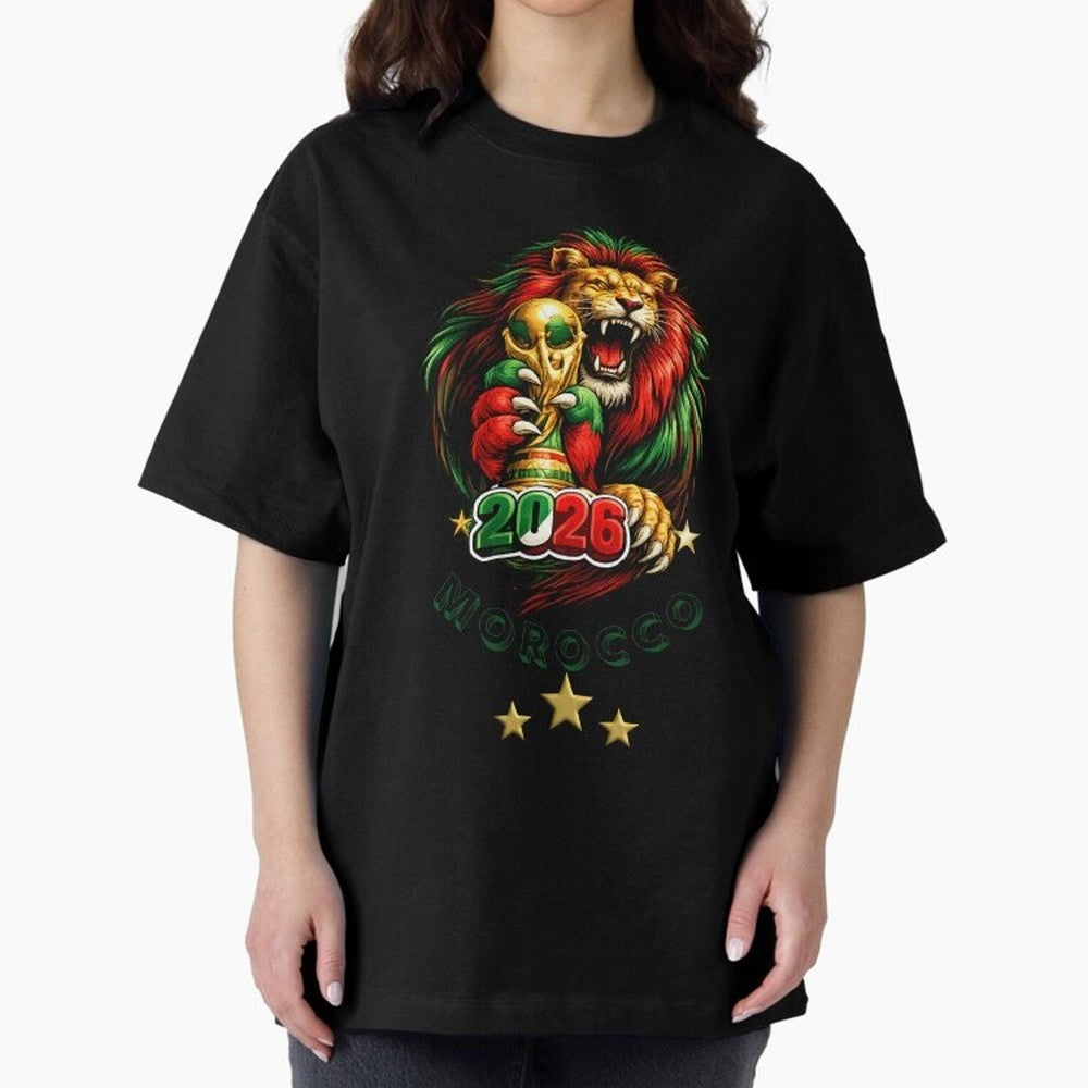 Moroccan Lion World Cup 2026 Design Oversized T-Shirt Show Passion for the Stars of Global Football Passion for FIFA World Cup 2026 Group Stage, Featuring Neymar, Argentina, France and Brazil, Worldwide Fan Energy, Dramatic Goals, Stadium Lights