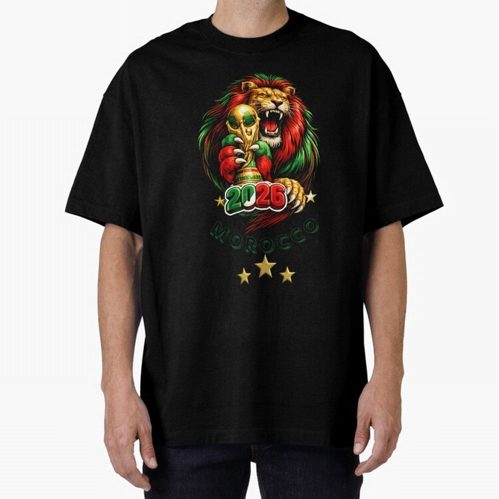 Moroccan Lion World Cup 2026 Design Oversized T-Shirt Show Passion for the Stars of Global Football Passion for FIFA World Cup 2026 Group Stage, Featuring Neymar, Argentina, France and Brazil, Worldwide Fan Energy, Dramatic Goals, Stadium Lights