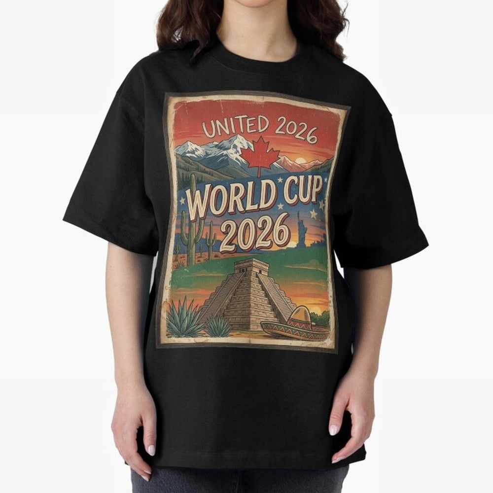 United 2026 World Cup ¨C Vintage North America Soccer Poster Oversized T-Shirt Celebrate the Road through FIFA World Cup 2026 for Fans of Messi, CR7 and Mbappe and Argentina, Bringing Supporter Pride, Iconic Celebrations, Legendary Names and Global
