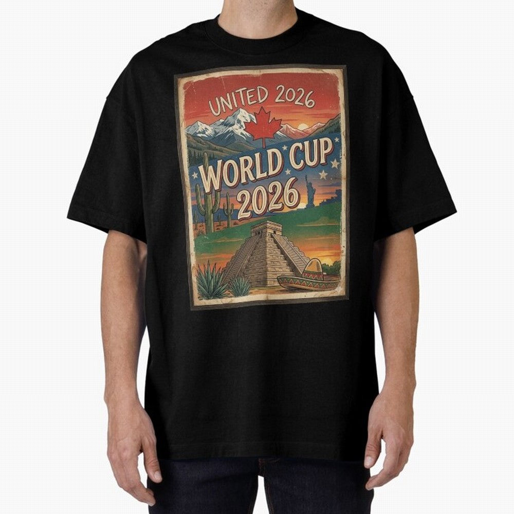 United 2026 World Cup ¨C Vintage North America Soccer Poster Oversized T-Shirt Celebrate the Road through FIFA World Cup 2026 for Fans of Messi, CR7 and Mbappe and Argentina, Bringing Supporter Pride, Iconic Celebrations, Legendary Names and Global