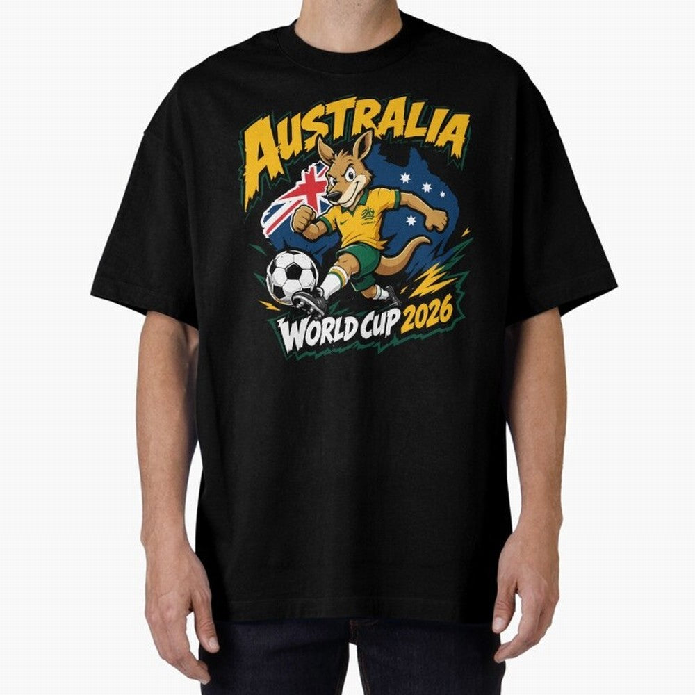 Australia World Cup 2026 Kangaroo Soccer Fan Art Oversized T-Shirt Relive Global Football Passion for FIFA World Cup 2026, with CR7, Germany, Sports Nostalgia, International Competition, Famous Players and Unforgettable Victories; Made for Die Hard