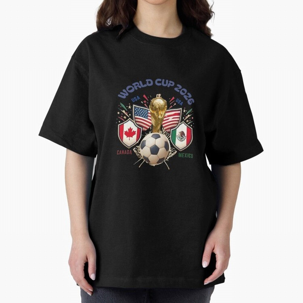 World Cup 2026 Host Nations Crest Oversized T-Shirt Celebrate Soccer Greatness during FIFA World Cup 2026 Driven by Messi, England, France and Netherlands Energy, Football Festival Excitement, Trophy Ambitions, Country Rivalries and Star Player