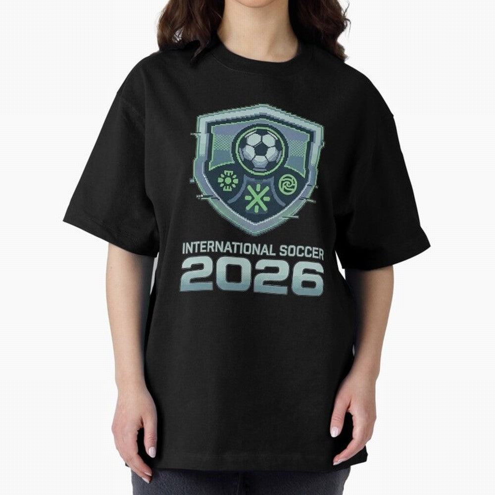 International Soccer 2026 Retro Pixel Glitch Crest Oversized T-Shirt Follow Every Goal of the FIFA World Cup 2026 Journey through Messi and Cristiano Ronaldo Highlights, England and Germany Pride, Champion Mindset, Group Stage Buzz, Knockout