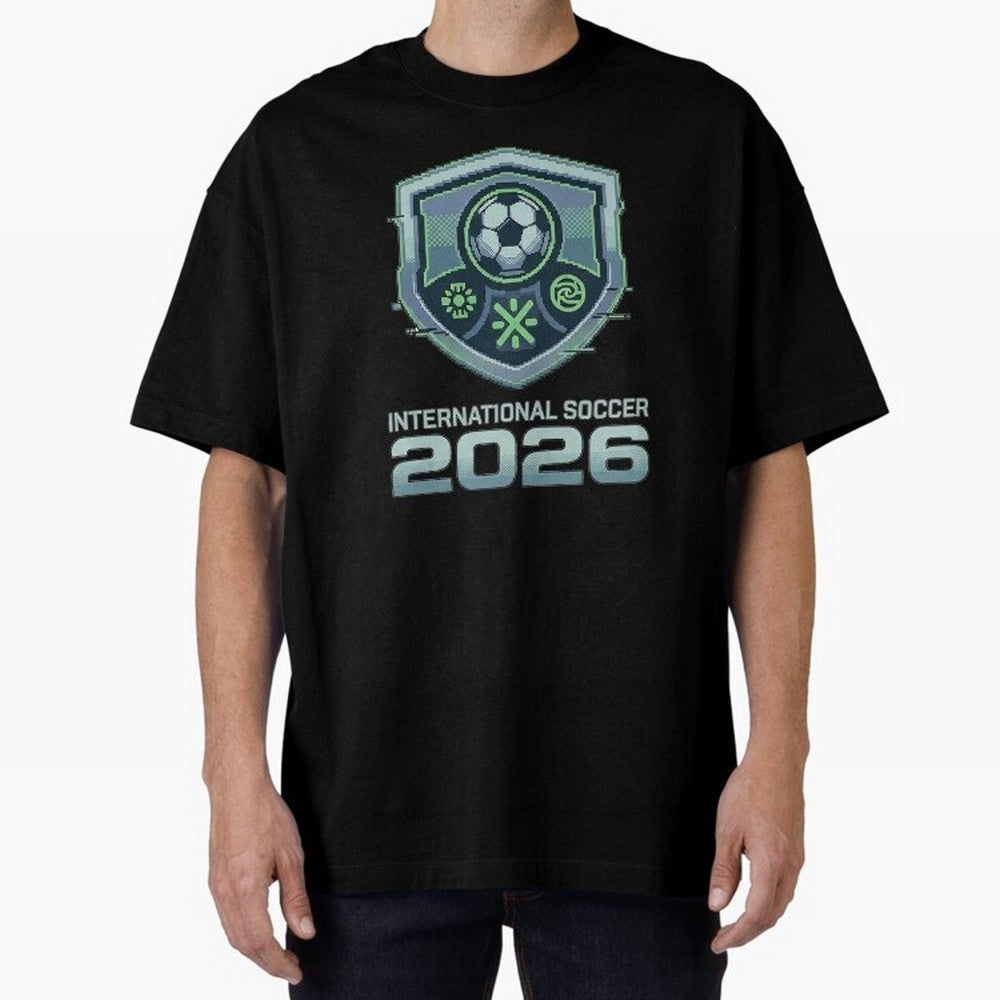 International Soccer 2026 Retro Pixel Glitch Crest Oversized T-Shirt Follow Every Goal of the FIFA World Cup 2026 Journey through Messi and Cristiano Ronaldo Highlights, England and Germany Pride, Champion Mindset, Group Stage Buzz, Knockout