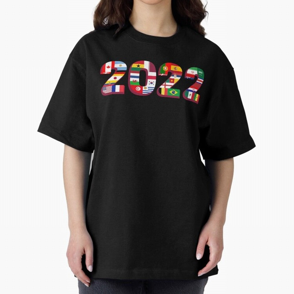 Flags of the 32 Teams that Played in Qatar in 2022 for Football Fans Oversized T-Shirt Live the Energy of FIFA World Cup 2026 Spirit, with France, Messi and Cristiano Ronaldo, Football Passion, Legendary Performances, Festival Vibes and Supporter