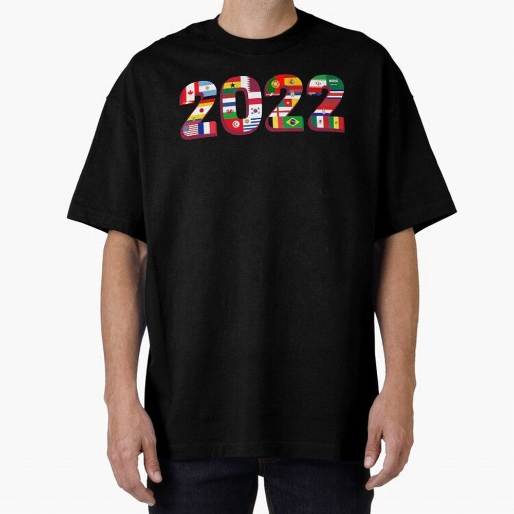Flags of the 32 Teams that Played in Qatar in 2022 for Football Fans Oversized T-Shirt Live the Energy of FIFA World Cup 2026 Spirit, with France, Messi and Cristiano Ronaldo, Football Passion, Legendary Performances, Festival Vibes and Supporter