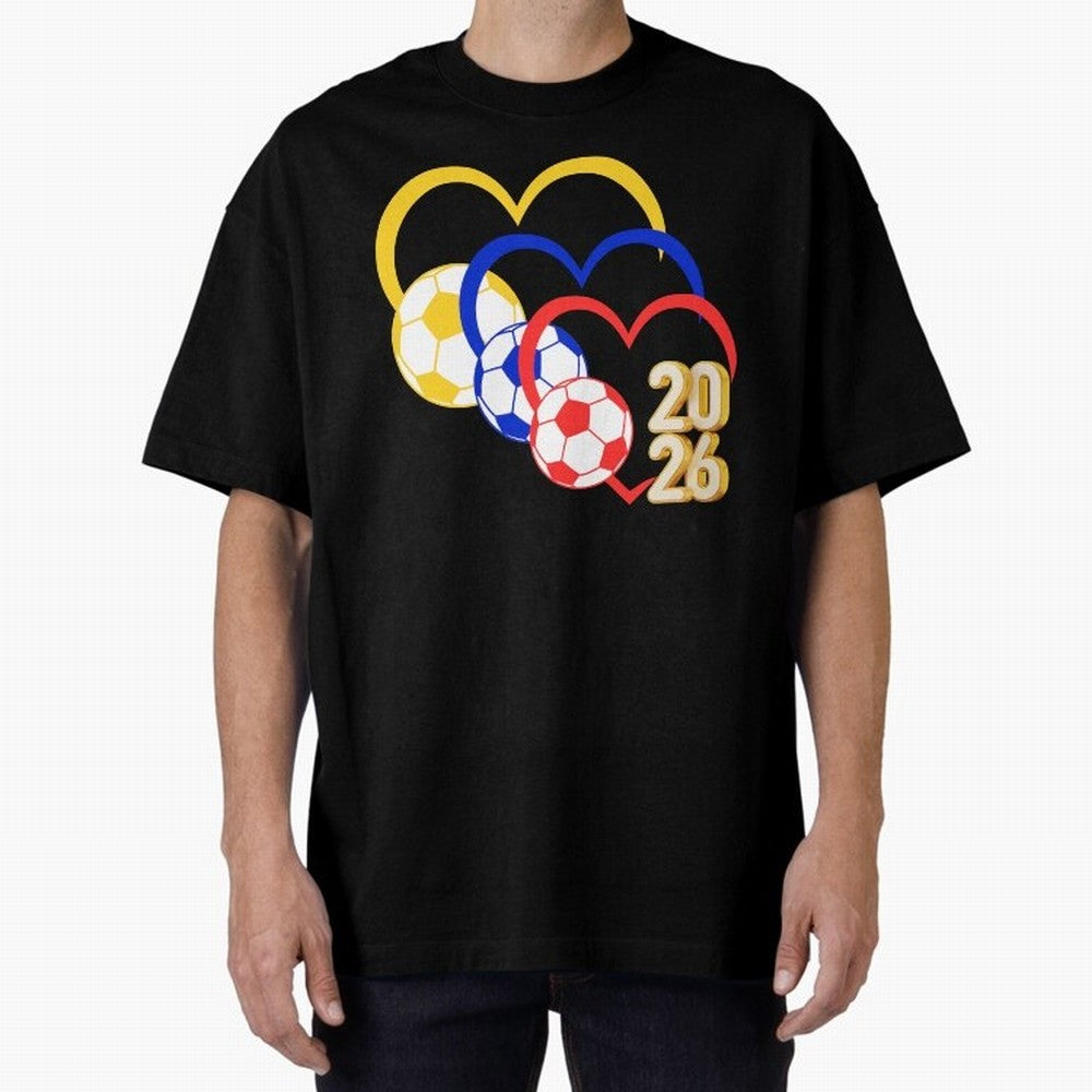 Football 2026 Hearts Colombia Sports Design Oversized T-Shirt Relive FIFA World Cup 2026 Group Stage Spirit, Featuring Portugal, Spain and Germany, Neymar, Haaland and Cristiano Ronaldo, Football Festival Excitement, Trophy Ambitions, Country