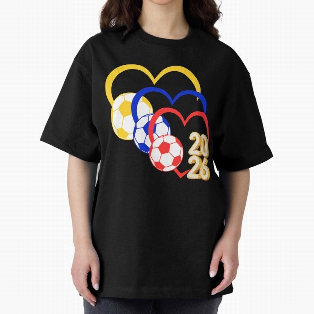 Football 2026 Hearts Colombia Sports Design Oversized T-Shirt Relive FIFA World Cup 2026 Group Stage Spirit, Featuring Portugal, Spain and Germany, Neymar, Haaland and Cristiano Ronaldo, Football Festival Excitement, Trophy Ambitions, Country