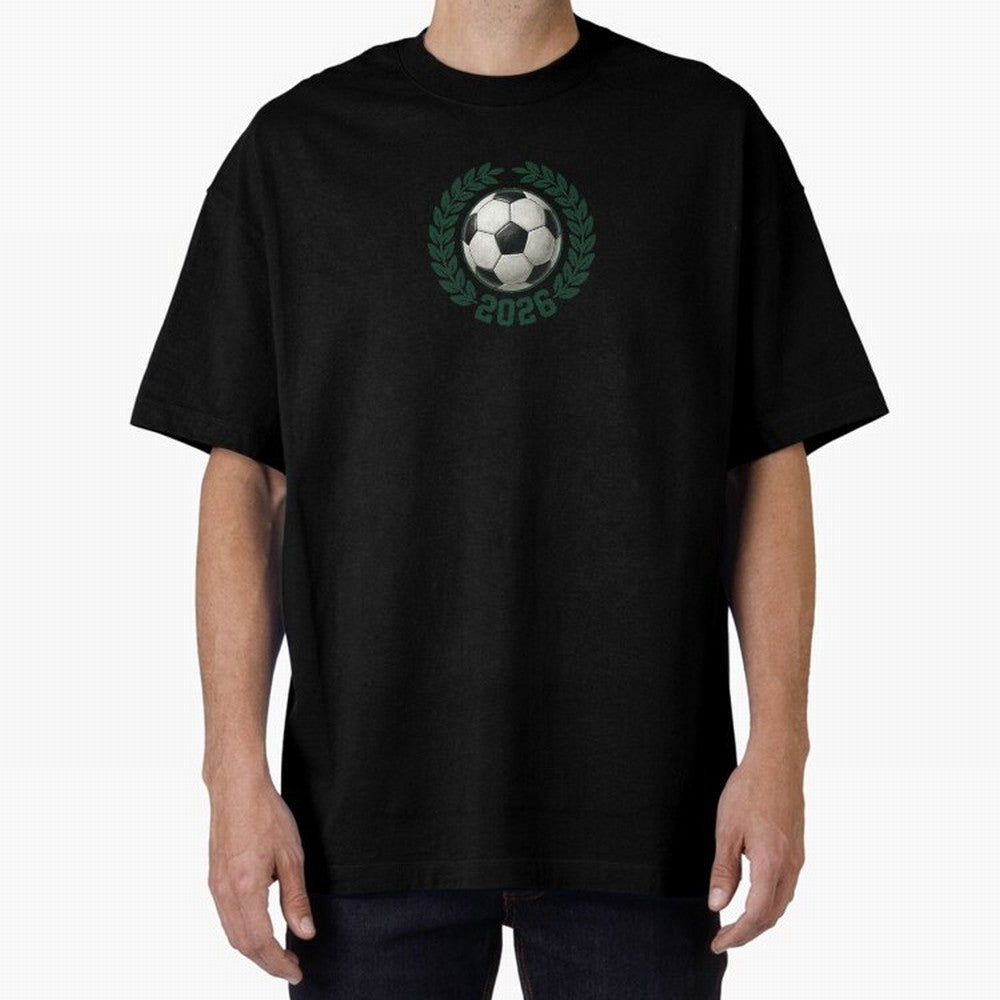 Retro Soccer 2026 Varsity Laurel Wreath Graphic Oversized T-Shirt Show Support during FIFA World Cup 2026 USA Canada Mexico for Fans of Messi and Cristiano Ronaldo and Argentina, Bringing Soccer Culture, Superstar Moments, National Team Dreams and