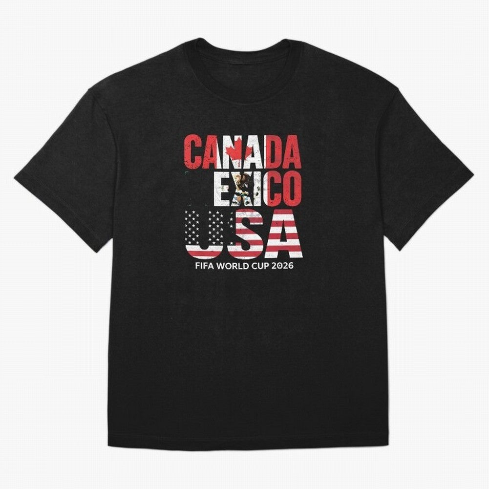 United 2026 World Cup - Canada, Mexico, USA Flags T-Shirt_83138002 Oversized T-Shirt Relive FIFA World Cup 2026 USA Canada Mexico Driven by Mbappe and Neymar, Brazil Energy, Football Festival Excitement, Trophy Ambitions, Country Rivalries and Star