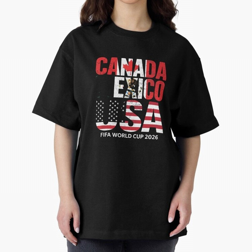 United 2026 World Cup - Canada, Mexico, USA Flags T-Shirt_83138002 Oversized T-Shirt Feel the Trophy Chase of the FIFA World Cup 2026 Journey through Messi, CR7 and Mbappe Highlights, Spain Pride, Stadium Memories, Football Loyalty, International