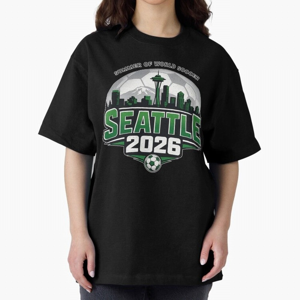World Soccer Tournament Cup 2026 Seattle Oversized T-Shirt Cheer through Every Moment of Global Football Passion for FIFA World Cup 2026, Inspired by Mbappe, Spain, Football Festival Excitement, Trophy Ambitions, Country Rivalries and Star Player