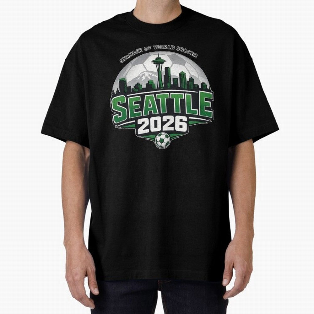 World Soccer Tournament Cup 2026 Seattle Oversized T-Shirt Cheer through Every Moment of Global Football Passion for FIFA World Cup 2026, Inspired by Mbappe, Spain, Football Festival Excitement, Trophy Ambitions, Country Rivalries and Star Player