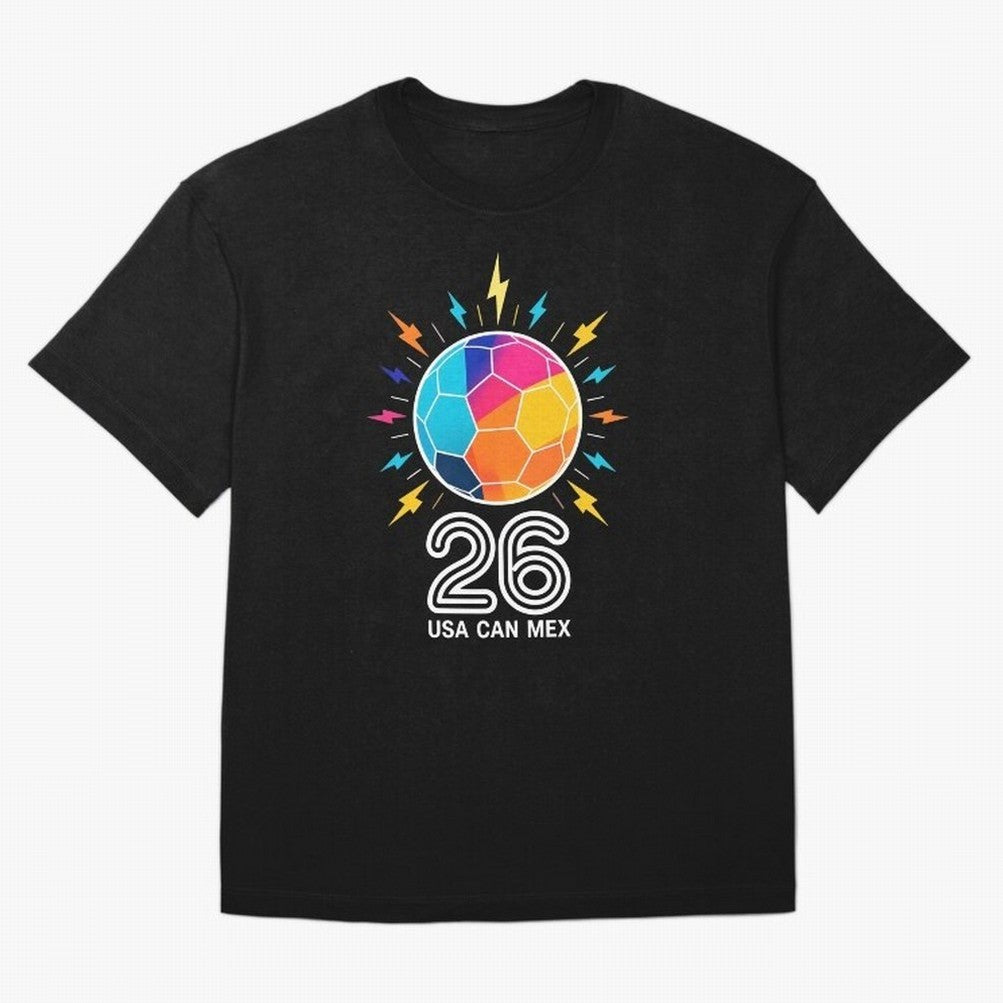 2026 Colorful Soccer Ball USA Canada Mexico 26 Oversized T-Shirt Show Fan Pride Across Global Football Passion for FIFA World Cup 2026 Group Stage, Centered on Mbappe, England and Germany, Goal Celebration Energy, Supporter Heritage, Football Icons