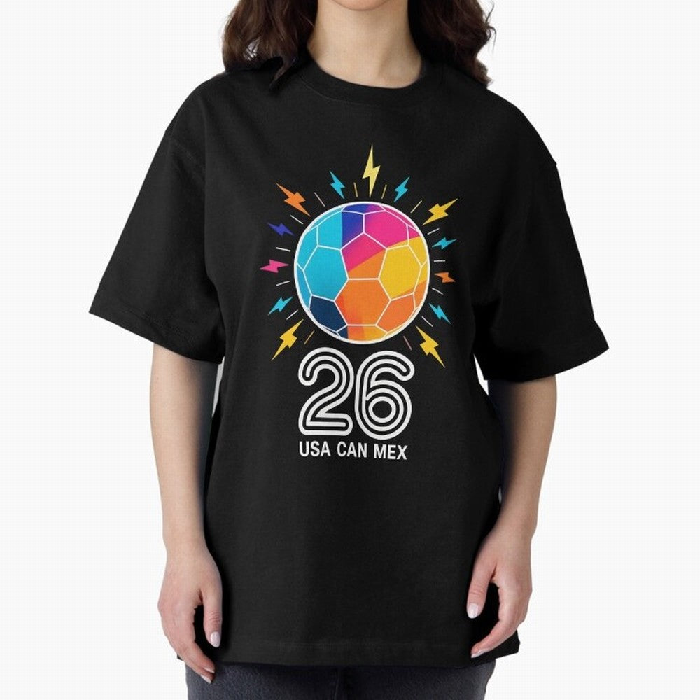 2026 Colorful Soccer Ball USA Canada Mexico 26 Oversized T-Shirt Show Fan Pride Across Global Football Passion for FIFA World Cup 2026 Group Stage, Centered on Mbappe, England and Germany, Goal Celebration Energy, Supporter Heritage, Football Icons