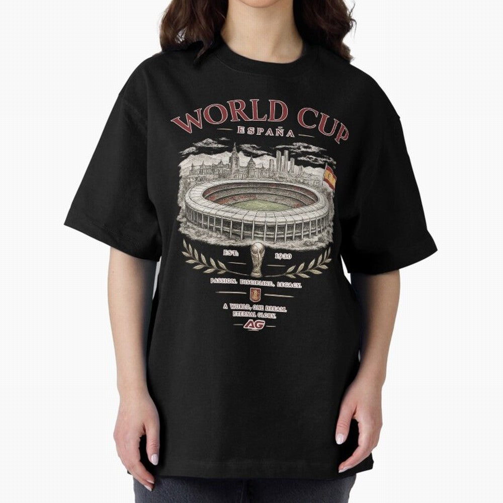 Spain World Cup Vintage Streetwear Oversized T-Shirt Follow Every Goal of FIFA World Cup 2026 USA Canada Mexico Spirit, Capturing England, Mbappe and Neymar, Championship Spirit, Famous Goals, Roaring Crowds and International Football Unity; Made