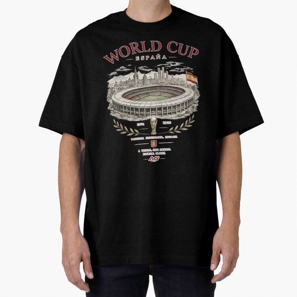 Spain World Cup Vintage Streetwear Oversized T-Shirt Follow Every Goal of FIFA World Cup 2026 USA Canada Mexico Spirit, Capturing England, Mbappe and Neymar, Championship Spirit, Famous Goals, Roaring Crowds and International Football Unity; Made