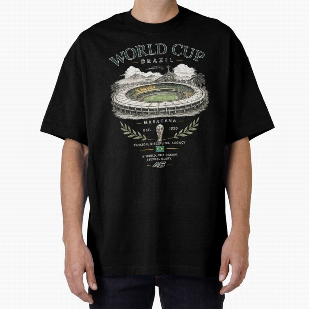Brazil World Cup Maracana Streetwear Oversized T-Shirt Celebrate Unforgettable Nights in Global Football Passion for FIFA World Cup 2026 USA Canada Mexico, Celebrating Messi, CR7 and Mbappe, England and Germany, Championship Spirit, Famous Goals,