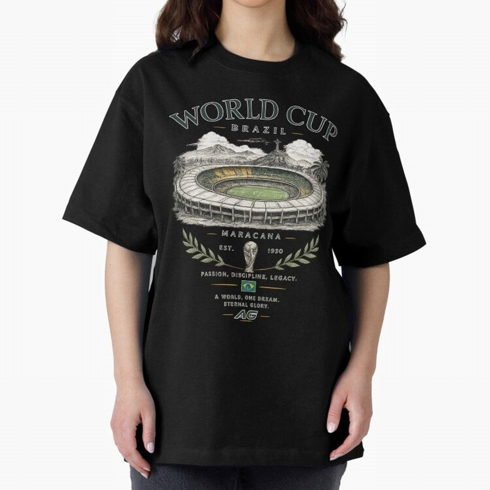 Brazil World Cup Maracana Streetwear Oversized T-Shirt Celebrate Unforgettable Nights in Global Football Passion for FIFA World Cup 2026 USA Canada Mexico, Celebrating Messi, CR7 and Mbappe, England and Germany, Championship Spirit, Famous Goals,