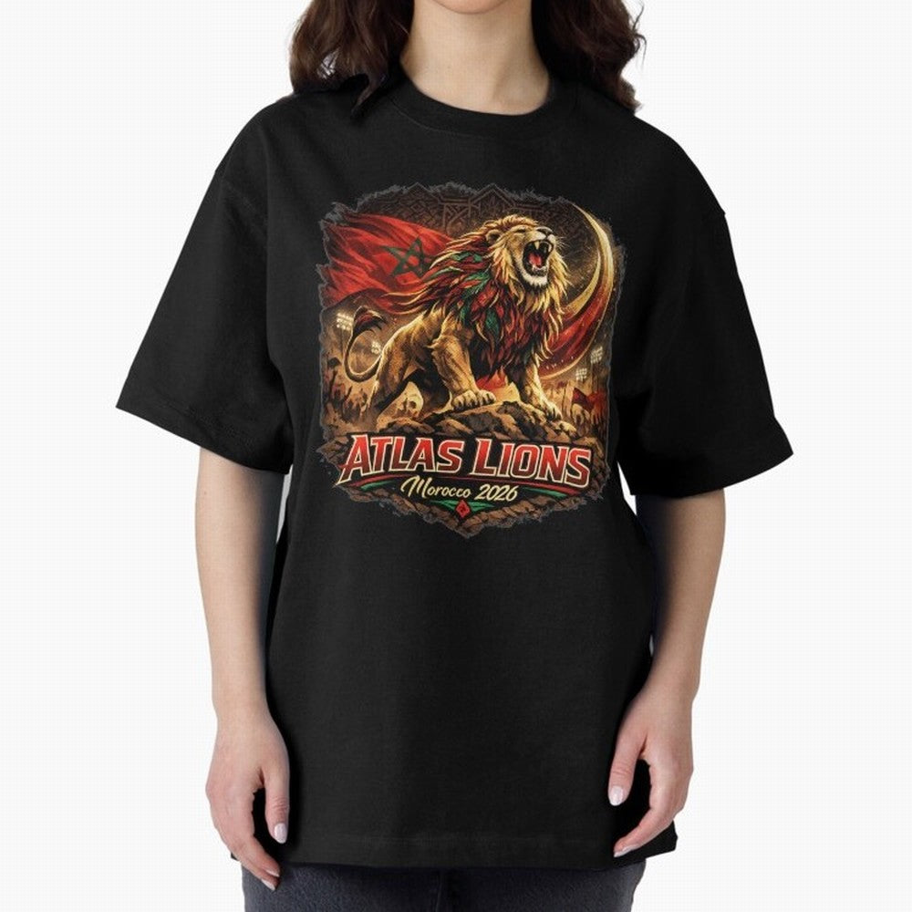 Morocco Football Fan - Atlas Lions Oversized T-Shirt Remember Iconic Moments from the FIFA World Cup 2026 Journey through Messi Highlights, Argentina Pride, Match Day Excitement, Supporter Culture, Golden Goals and Global Football Passion; Built